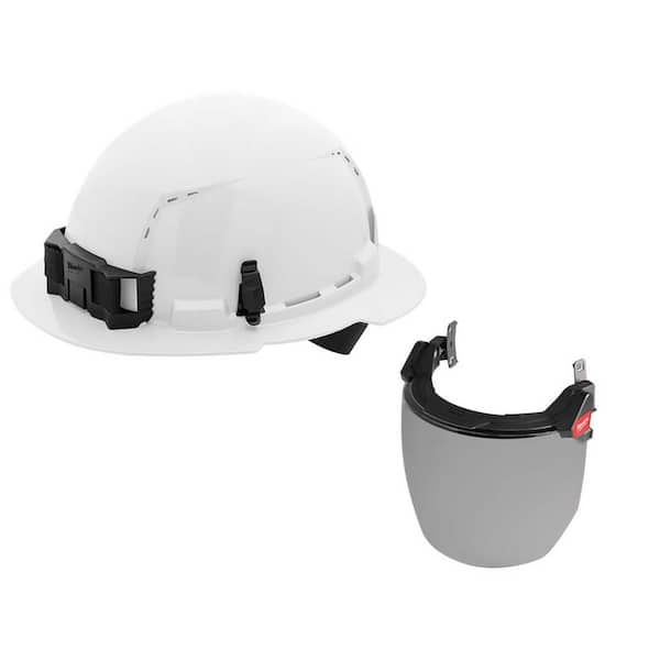 Milwaukee BOLT White Type 1 Class C Full Brim Vented Hard Hat with 4-Point Ratcheting Suspension with BOLT Gray Full Facesheild