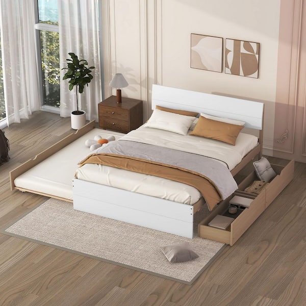 Qualler White and Light Oak Wood Frame Full Size Platform Bed with Twin Size Trundle and 2 Drawers