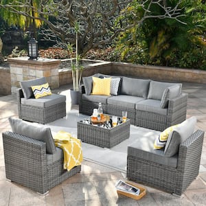 Messi Gray 7-Piece Wicker Outdoor Patio Conversation Sectional Sofa Set with Dark Gray Cushions