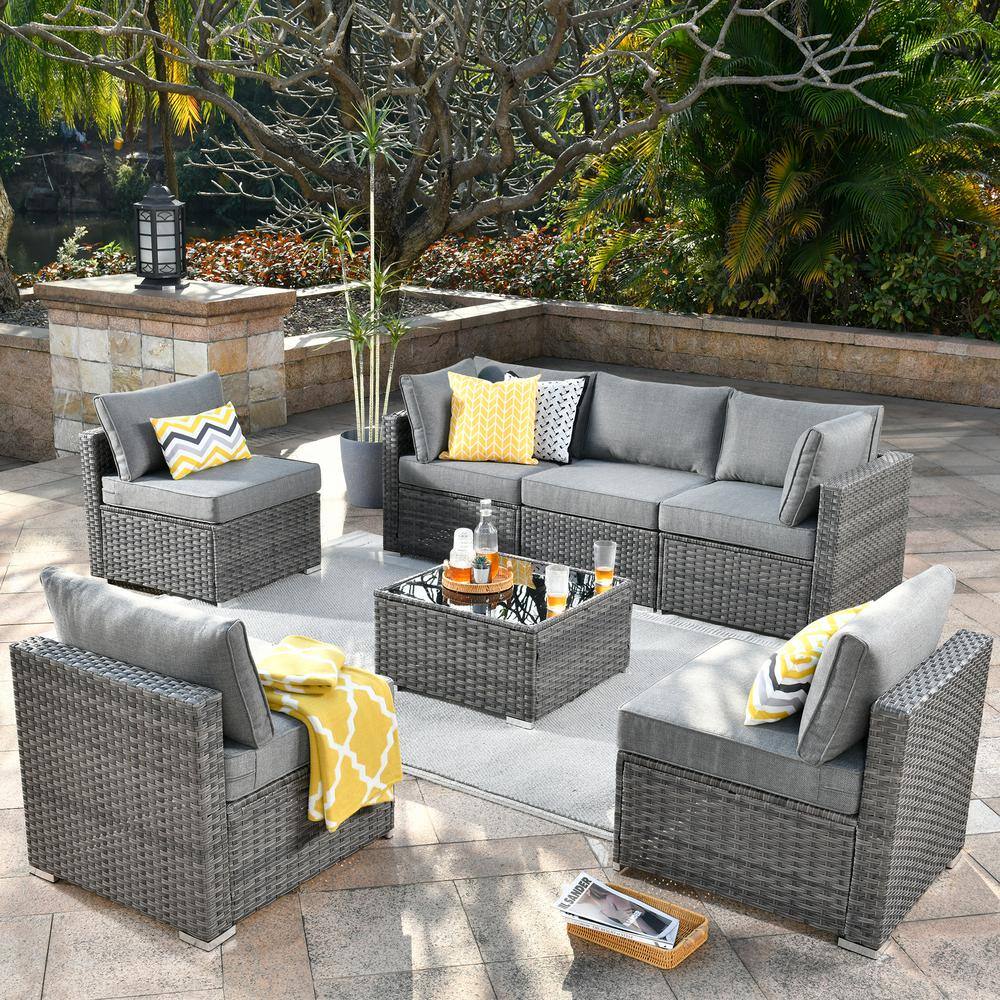 Hooowooo Messi Gray 7 Piece Wicker Outdoor Patio Conversation Sectional Sofa Set With Dark Gray 0947