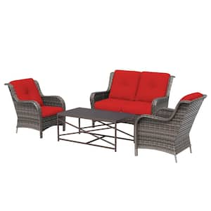 4 Pieces Conversation Patio Set, All-Weather Wicker Patio Furniture Set with Red Cushions