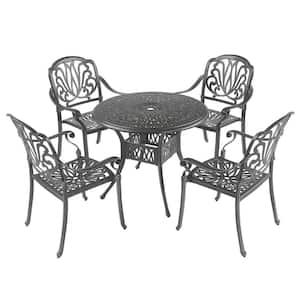 Lattice Weave Design 5-Piece Cast Aluminum Round Outdoor Dining Set with Umbrella Hole in Black