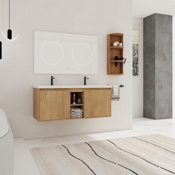 Marsyas 48 in. W x 18.3 in. D x 20.5 in. H Double Sink Floating Imitative Oak Bath Vanity with White Resin Top