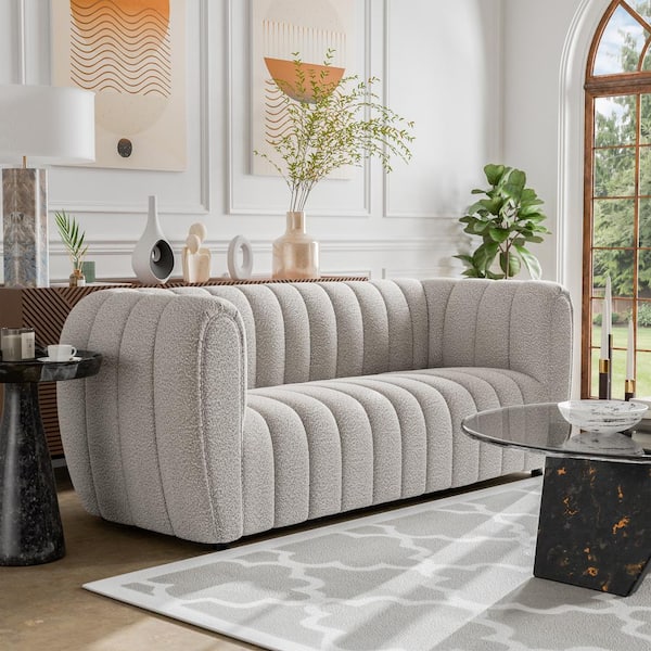 Laura 82.5 in Round Arm Boucle Polyester Fabric Glam Rectangle Pocket Coil Cushion Sofa in White
