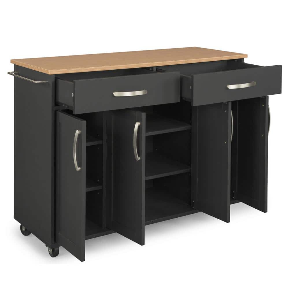 Black Wood Kitchen Cart with Natural Laminate Top and Storage