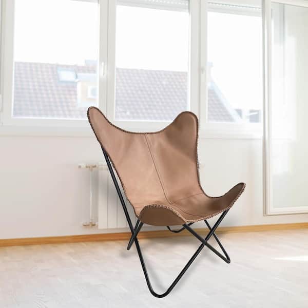 Tan Genuine Leather Butterfly Chair with Black Powder Coated Steel Frame