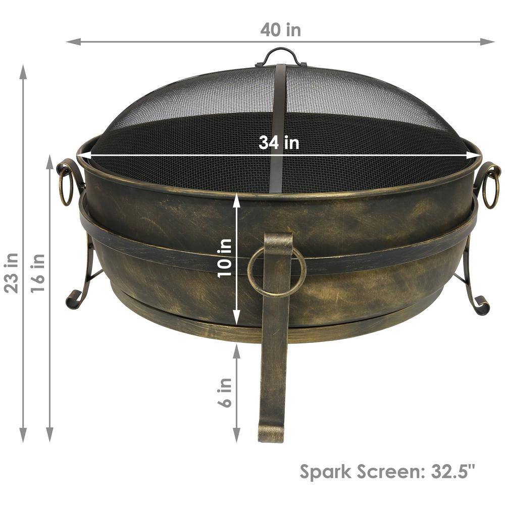 34-Inch Dark Bronze Steel Cauldron Style Fire Pit with Spark Screen