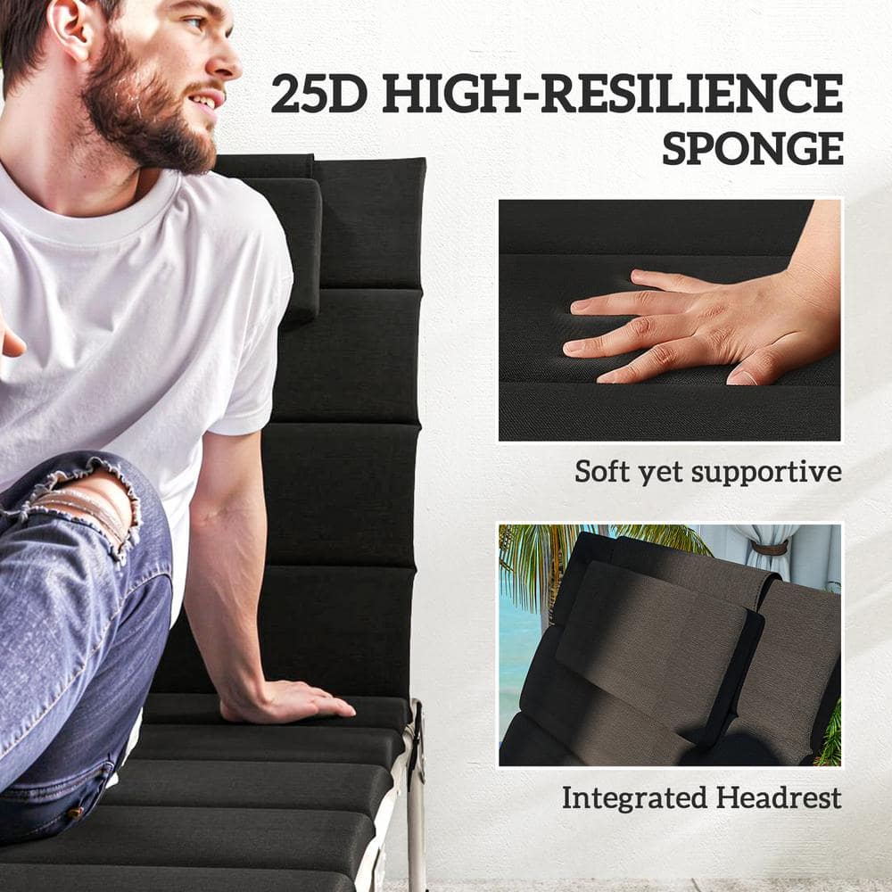 Black Foldable Olefin Chaise Lounge Cushion Set with Headrest
