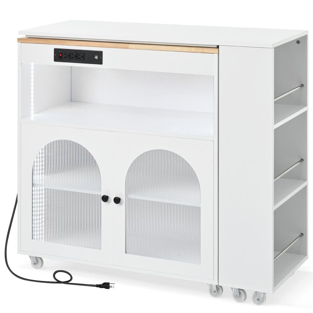 Tileon White Rubberwood 41.1 in. Rolling Kitchen Island with Extended Table, LED Lights, Power Outlets and 2 Glass Doors