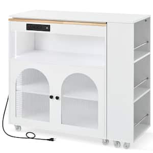 White Rubberwood 41.1 in. Rolling Kitchen Island with Extended Table, LED Lights, Power Outlets and 2 Glass Doors