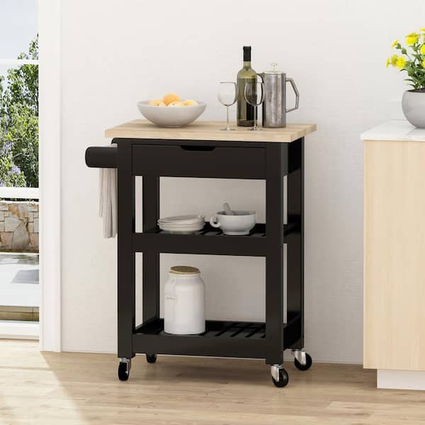 FAMYYT Compact Black Rubber Wood Tabletop 25.5 in. Kitchen Island with Open Shelves