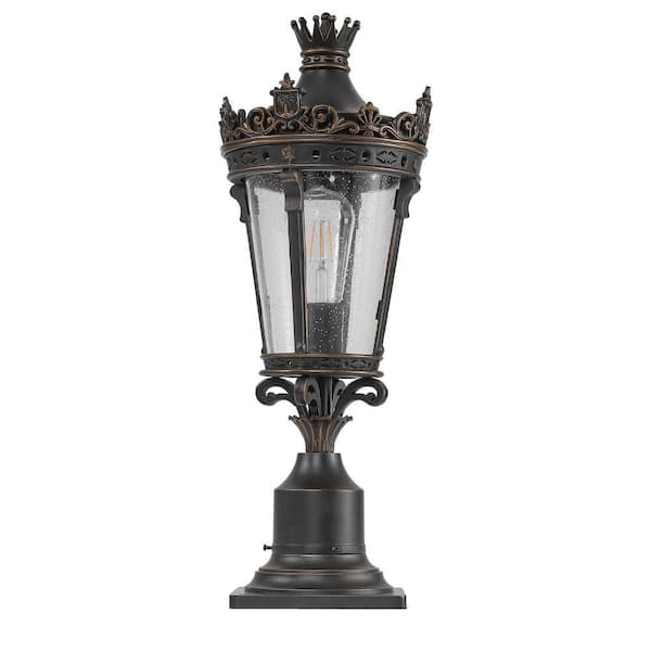 1-Light Brown Post Lamp Outdoor Lantern Sconces with Clear Glass Shade Antique Metal Base, E26, No Bulbs Included