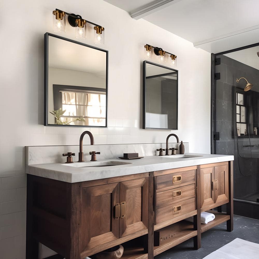 23.6" Black and Brass Metal Vanity Light with Clear Glass Cylinder Shades