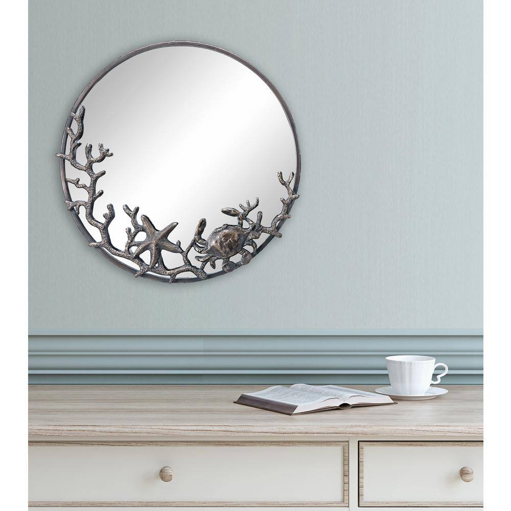 Coastal Charm Bronze Round Wall Mirror with Crab and Starfish Frame