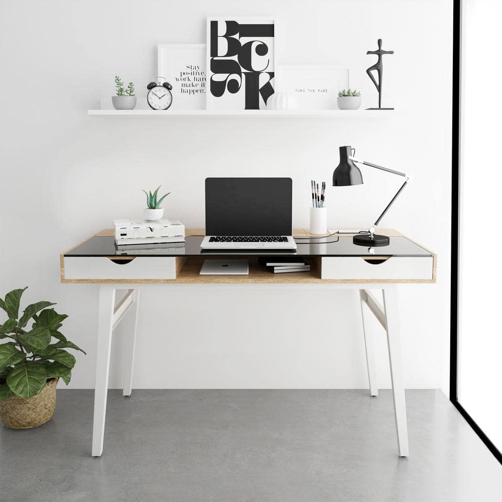 Modern Black Glass and Walnut Computer Desk with Storage