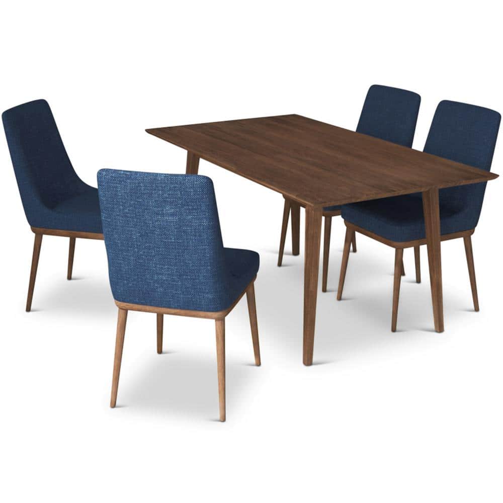 Antares 5-Piece Mid-Century Rectangular Walnut Top 63 in. Dining Set with 4 Fabric Dining Chairs in Blue