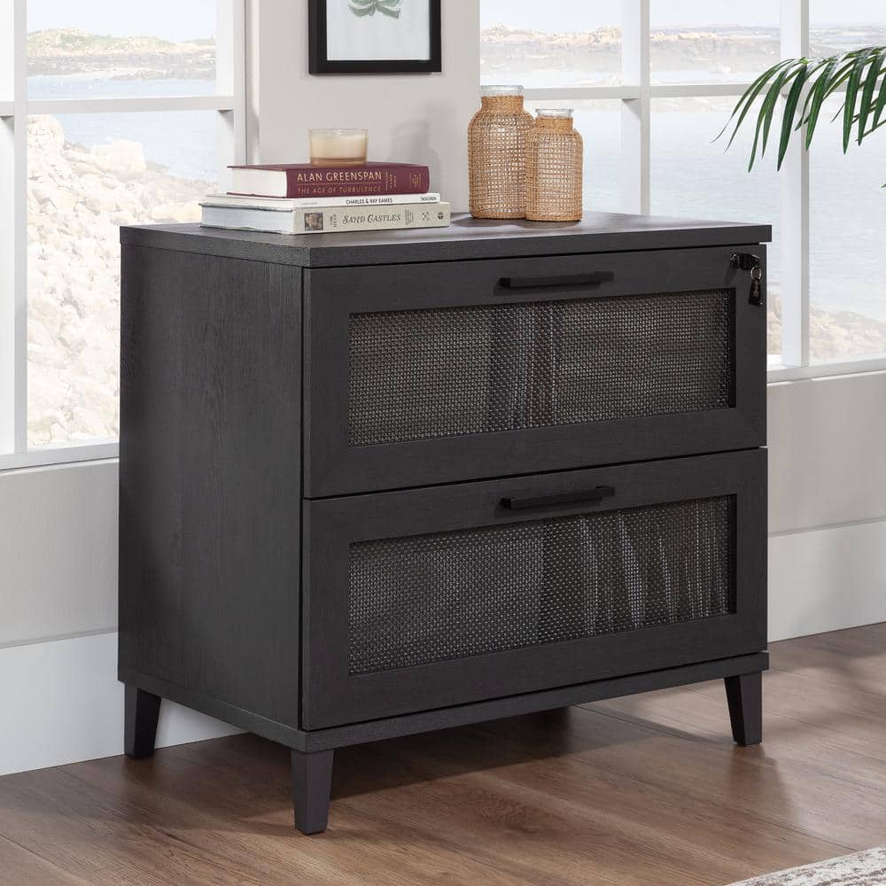 Raven Oak 2-Drawer Lockable Lateral File Cabinet with Rattan Inserts