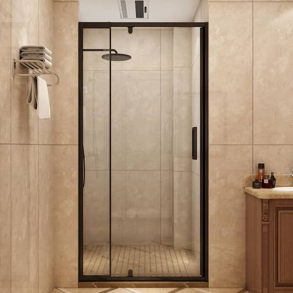waterpar 32 to 36 in. W x 72 in. H Bi-Fold Framed Shower Door in Black Finish with Clear Glass