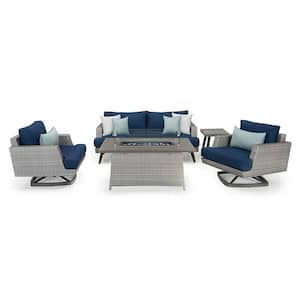 Portofino Casual Gray 4-Piece Aluminum Patio Fire Pit Motion Seating Set with Sunbrella Laguna Blue Cushions