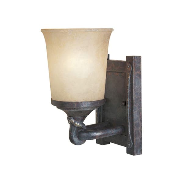 Designers Fountain Austin 5.5 in. 1-Light Weathered Saddle Wall Sconce with Satin Crepe Glass Shade