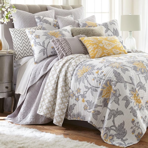 LEVTEX HOME Reverie 3-Piece White, Grey, Yellow Floral Cotton Full