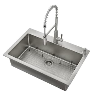 Reza 33 in. Drop-In/Undermount Single Bowl Stainless Steel Kitchen Sink with Spring Faucet Grid and Drain