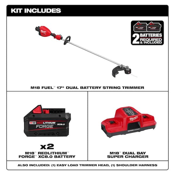 Milwaukee M18 FUEL 18V Brushless Cordless 17 in. Dual Battery String Trimmer with (2) FORGE 8.0 Ah Batteries and Super Charger