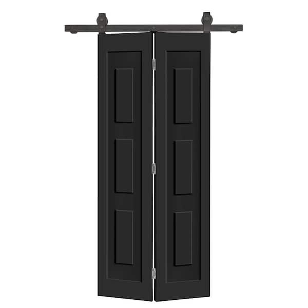 CALHOME 24 in. x 80 in. 3 Panel Shaker Hollow Core Black Composite Bi-fold Door with Sliding Barn Door Hardware Kit