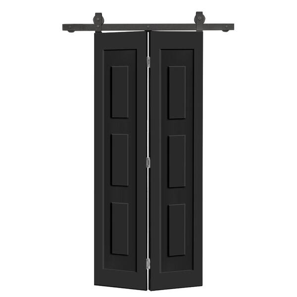 CALHOME 26 in. x 80 in. 3 Panel Shaker Hollow Core Black Composite Bi-fold Door with Sliding Barn Door Hardware Kit