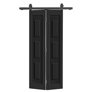 36 in. x 80 in. 3-Panel Shaker Hollow Core Black Composite Bi-Fold Door with Sliding Barn Door Hardware Kit