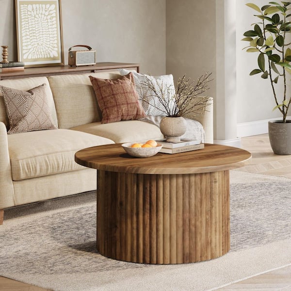 Allan 31.5 in. Brown Round Wood Coffee Table with Hollow Round Base, Modern Accent Center Table for Living Room