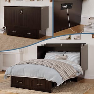 Nantucket Espresso Solid Wood Full Size Frame Murphy Bed with Memory Foam Folding Mattress, USB Charger, Storage Drawer