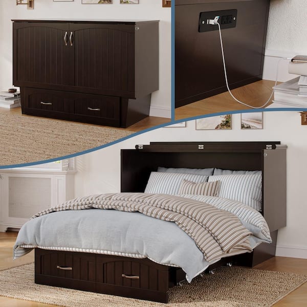 AFI Nantucket Espresso Solid Wood Full Size Frame Murphy Bed with Memory Foam Folding Mattress, USB Charger, Storage Drawer