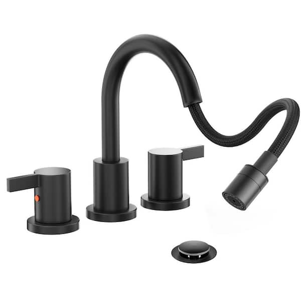 Pull Out Sprayer Matte Black 8 in. Bathroom Sink Faucet, Widespread 2-Handles 3-Hole Pull Down Bathroom Faucet