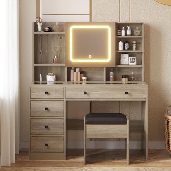 Gray 5-Drawer Makeup Vanity Set with Adjustable Mirror and Shelves