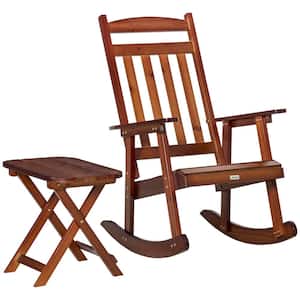 Brown Wood Outdoor Rocking Chair with Foldable Table for Patio, Backyard and Garden