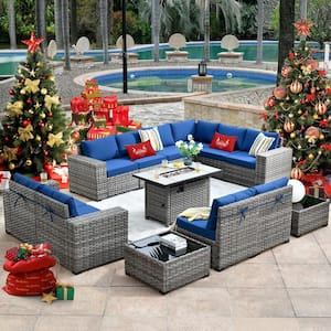 Tahoe Grey 13-Piece Wicker Wide Arm Outdoor Patio Conversation Sofa Set with a Fire Pit and Navy Blue Cushions