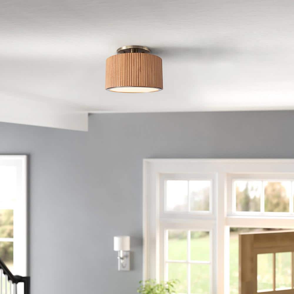 Natural Ash Wood and Brass LED Semi-Flush Mount Ceiling Light