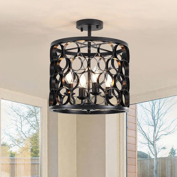 Industrial 13.4 in. 4-Light Black Cage Farmhouse Semi-Flush Mount Ceiling Light Fixtures for Bedroom Entryway Hallway