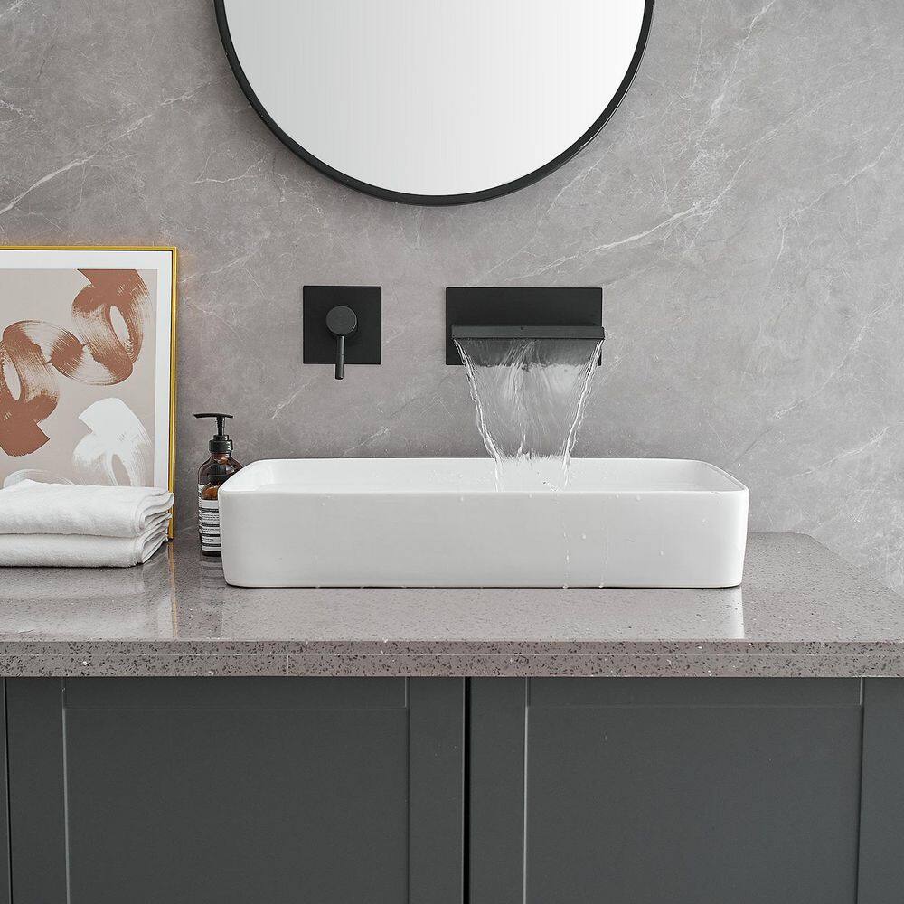 Matte Black Wall-Mount Waterfall Bathroom Faucet with Lever Handle