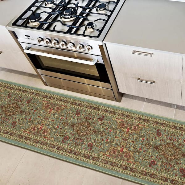 Ottohome Collection Non-Slip Rubberback Medallion 2x7 Indoor Runner Rug, 1 ft. 10 in. x 7 ft., Dark Seafoam Green