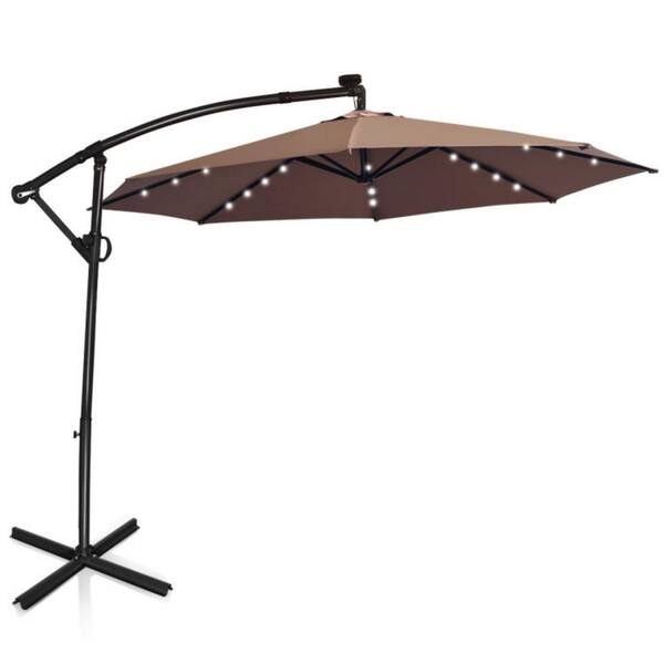 Clihome 10 ft. Aluminum Market Solar Powered LED 360° Rotation Patio Offset Outdoor Umbrella in Tan