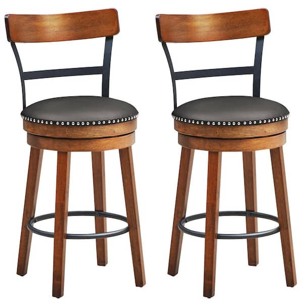 Gymax 39 in. H BarStool 25.5 in. Low Back Swivel Counter Height Dining Chair with Rubber Wood Legs Brown (Set of 2)