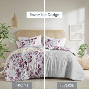 Gabby 3-Piece Plum/Grey Microfiber Full/Queen Reversible Floral Botanical Seersucker Comforter Set