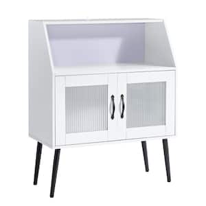 31.5 in. W x 16 in. D x 40 in. H White Linen Cabinet Buffet Sideboard with 2-Glass Doors and Open Shelf