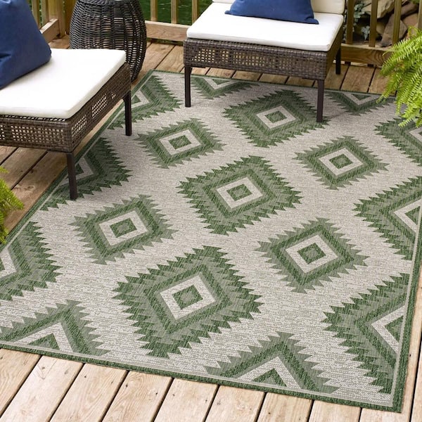 Lior Geometric Moroccan Diamond Green/Cream 4 ft. x 6 ft. Indoor/Outdoor Area Rug