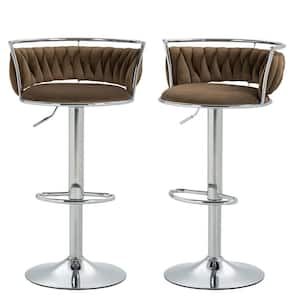 38.7 in. Swivel Adjustable Height Low Back Silver Metal Frame Bar Stool with Coffee Velvet Seat Cushion(set of 2)