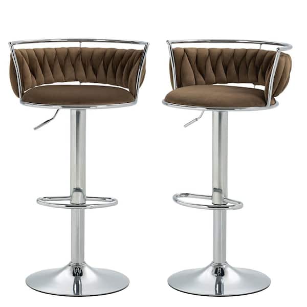 Uixe 38.7 in. Swivel Adjustable Height Low Back Silver Metal Frame Bar Stool with Coffee Velvet Seat Cushion(set of 2)