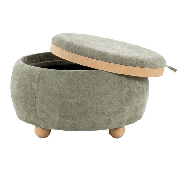 Lumisource Tray Pouf Green Fabric and Natural Wood Storage Ottoman