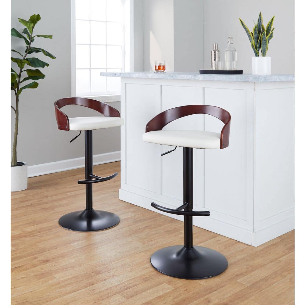 Grotto 39 in. White Faux Leather, Mahogany Wood and Black Metal Adjustable Bar Stool with Rounded T Footrest (Set of 3) price history on PriceWatchPro
